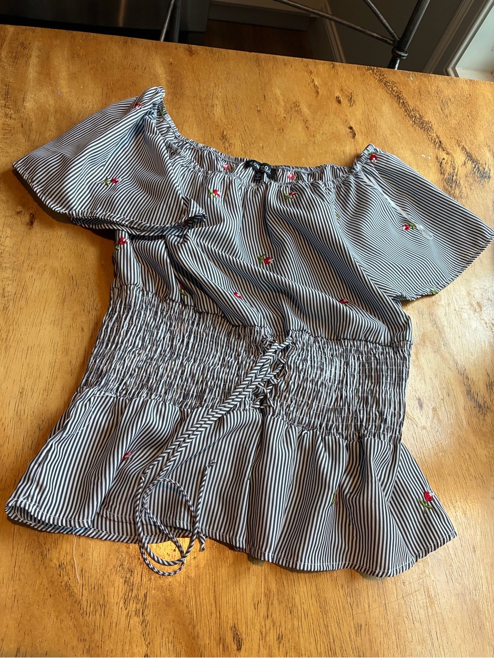 Striped Smocked Waist Top with Embroidered Flowers - Black & White